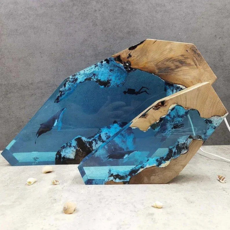 Whale & Diver Resin LED Night Light – Artistic Resin Home Decor Gift