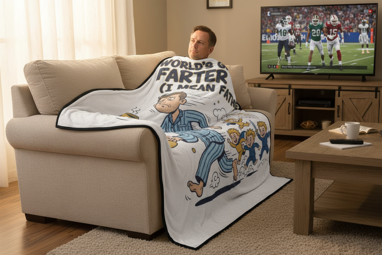 Dad napping under oversized World's Greatest Farter blanket draped over sofa