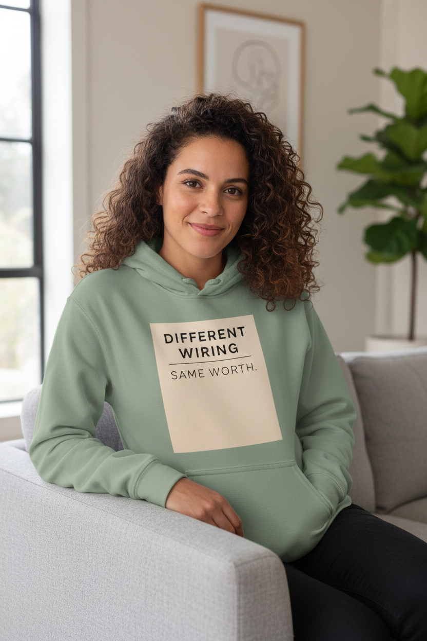 Woman wearing Different Wiring Same Worth sage neurodivergent hoodie