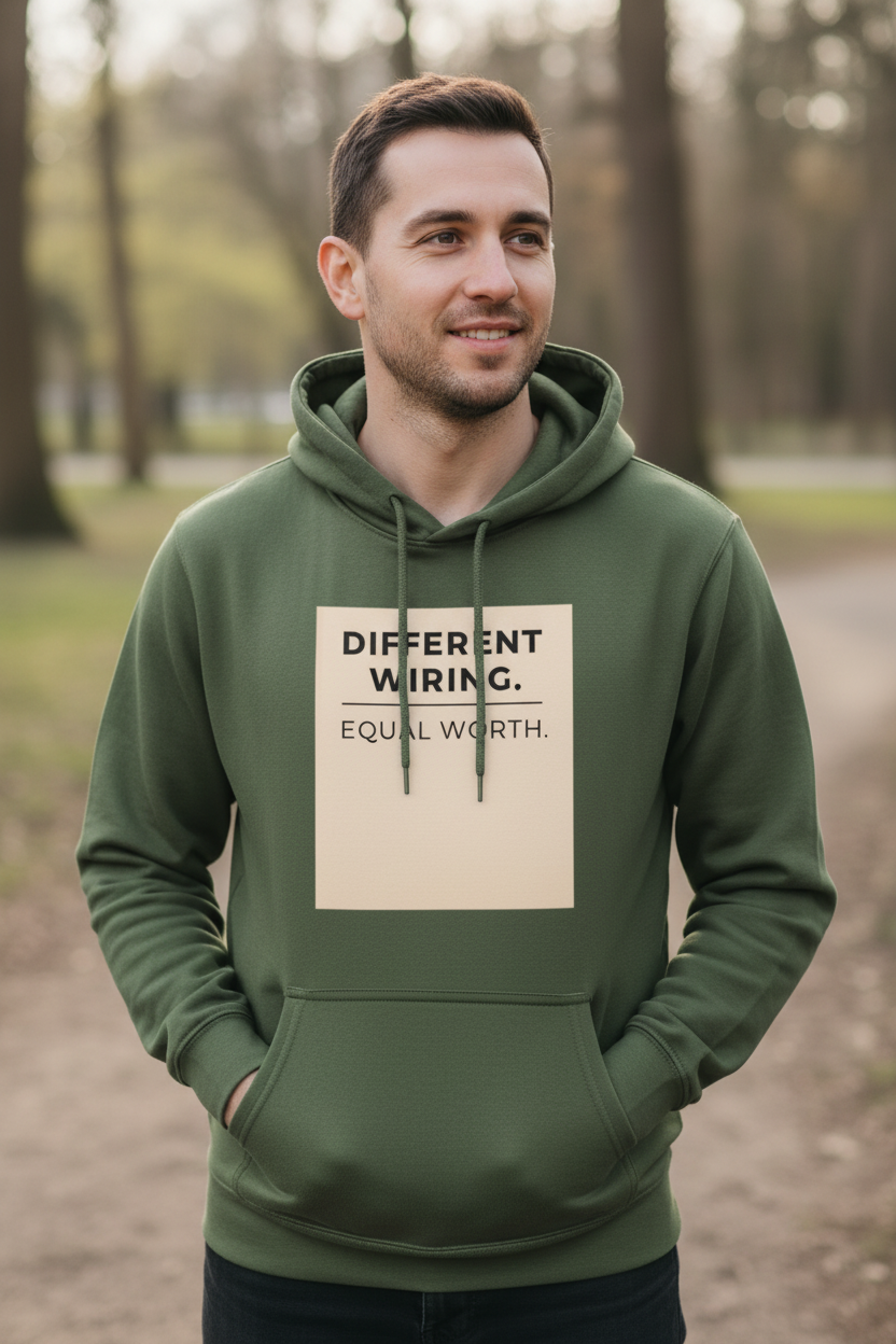 Man outdoors wearing Different Wiring Equal Worth military green hoodie