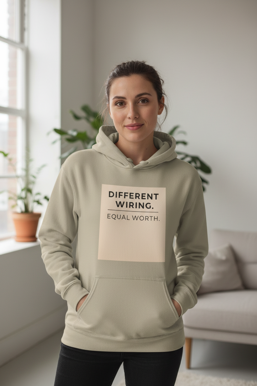 Woman wearing Different Wiring Equal Worth sand neurodivergent hoodie indoors