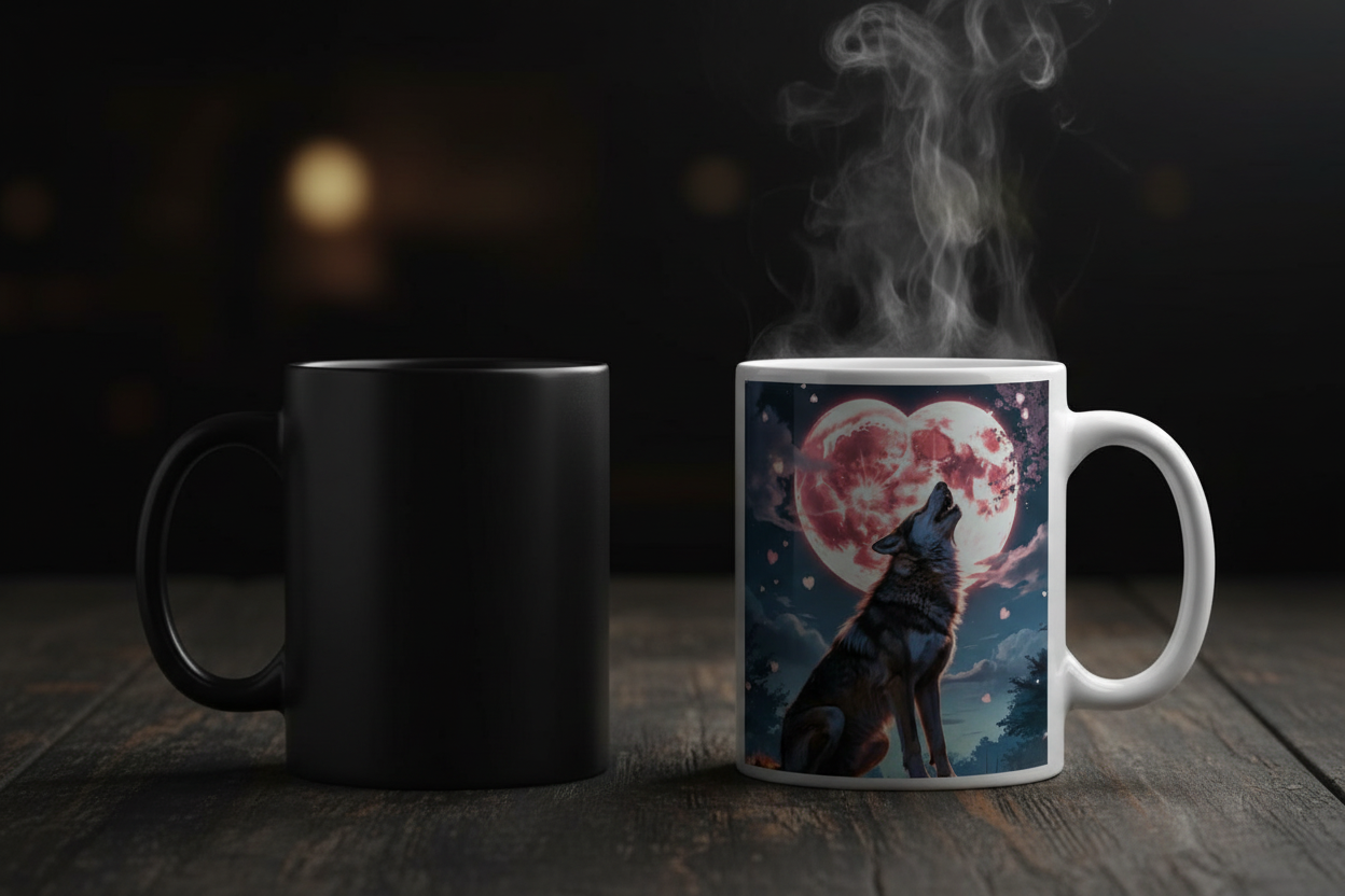 Timber Wolf color changing mug — solid black when cold, bold wolf design revealed when hot