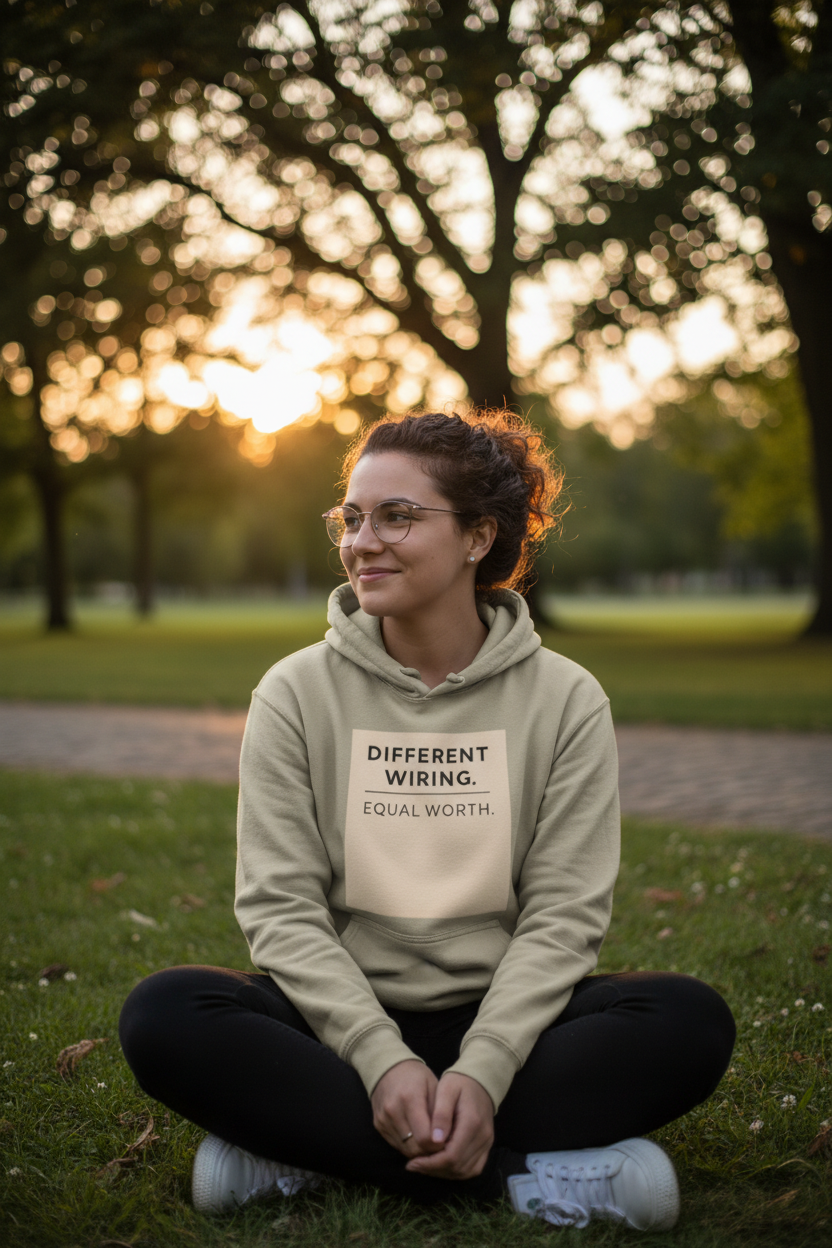 Woman outdoors wearing Different Wiring Equal Worth sand hoodie