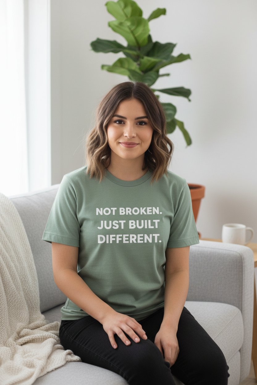 Woman wearing Not Broken Just Built Different sage neurodivergent tee